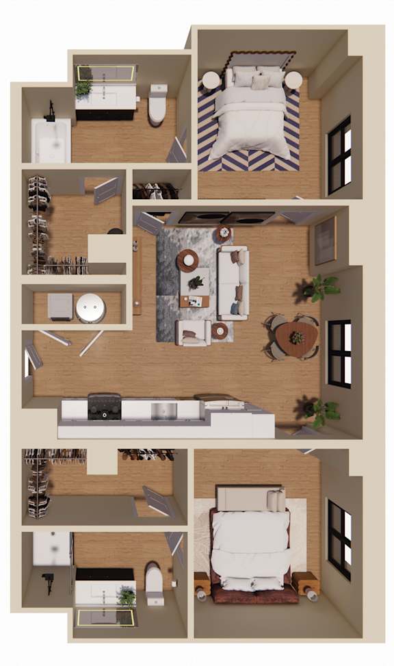 A 3D floor plan of a house with a kitchen, living room, and bedrooms.