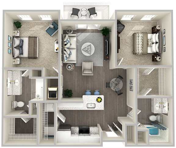 A 3D floor plan of a house showing all the rooms and their furnishings.