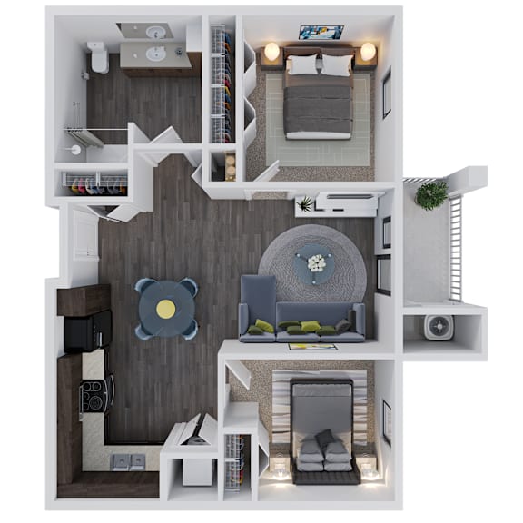 A 3D floor plan of a small apartment with a bedroom, living room, and kitchen.