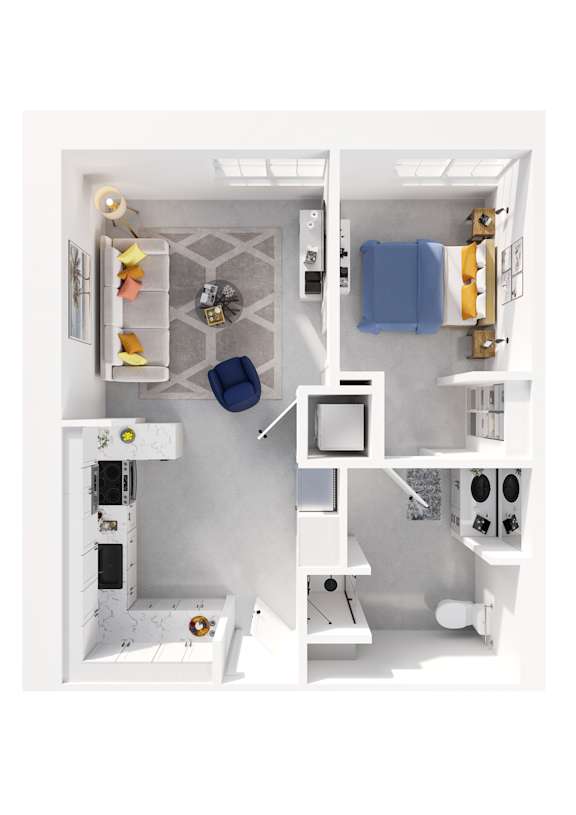A white room with a blue chair and a white table.