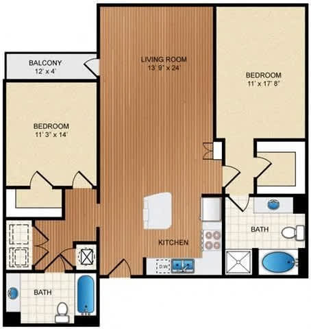 A floor plan of a house with a living room, two bedrooms, a kitchen, a bath, and a balcony.