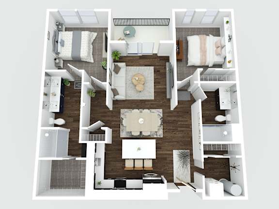 A top-down view of a well-furnished apartment.