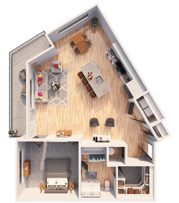 A 3D rendered image of a house layout with a living room, kitchen, and bedrooms.
