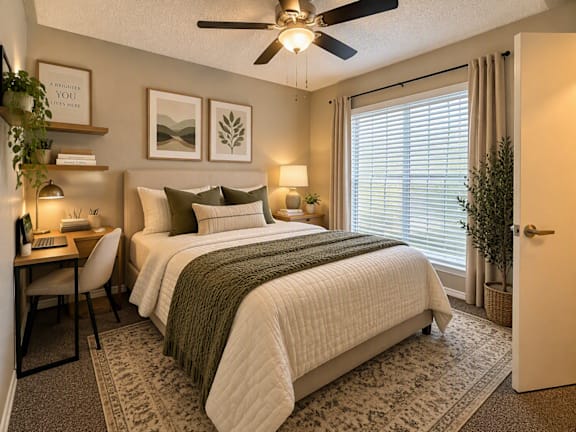 A bedroom with a large bed and a ceiling fan.