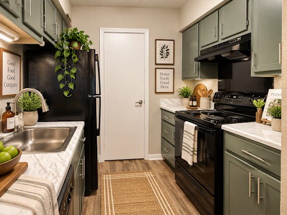 A kitchen with green cabinets and a black refrigerator.
