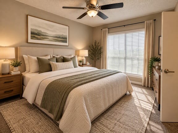 A bedroom with a large bed and a ceiling fan.