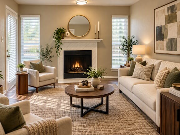 A living room with a fireplace and a couch.