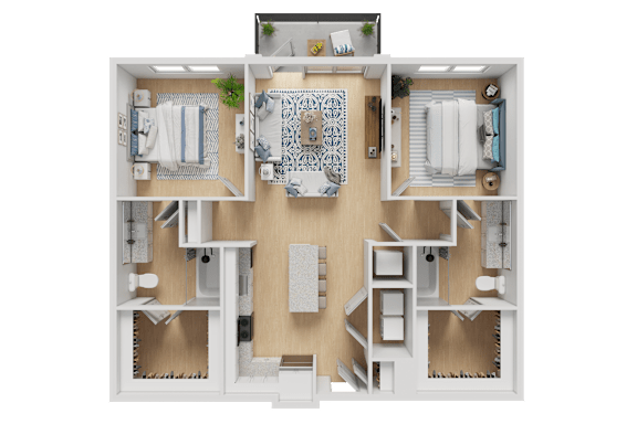 A 3D floor plan of a house with a living room, two bedrooms, a bathroom, and a kitchen.