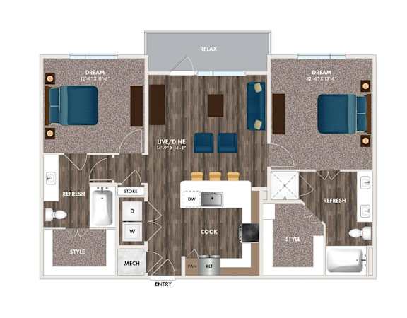 A floor plan of a house with two bedrooms, a living room, a dining room, a kitchen, a bathroom, and an entry.