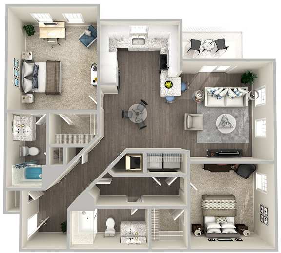 A 3D floor plan of a house with multiple rooms and furniture.