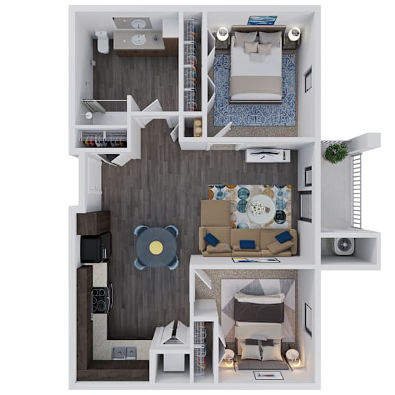 A 3D floor plan of a small apartment with a living room, kitchen, and bedroom.