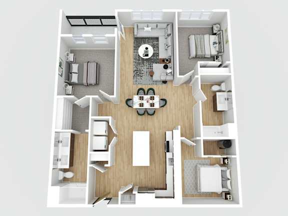 A top-down view of a house layout with a central kitchen area.