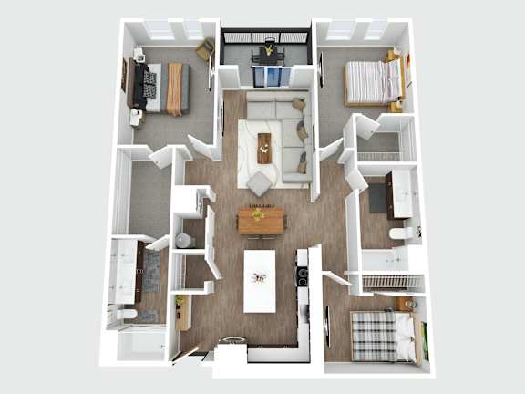 A top-down view of a well-organized apartment with a kitchen, living room, and bedroom.