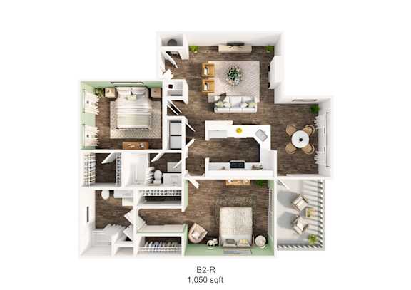 A 1,050 square foot floor plan of a home with a living room, kitchen, dining room, and two bedrooms.