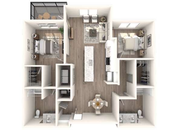 A 3D floor plan of a house with a kitchen, living room, and bathroom.