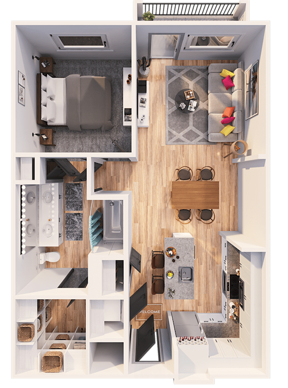 A top-down view of a small apartment with a living room, kitchen, and bedroom.