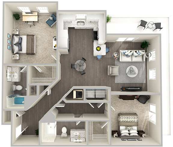 A detailed 3D floor plan of a two-bedroom apartment.