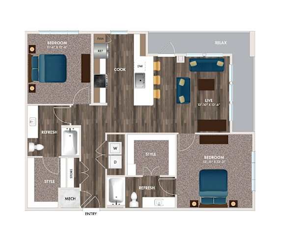 A floor plan of a house with two bedrooms, a living room, a kitchen, a dining room, and a bathroom.