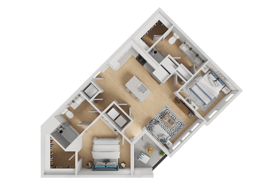 A 3D floor plan of a house layout.