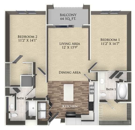 A floor plan of a condo showing three bedrooms, a living area, a dining area, a kitchen, and two bathrooms.