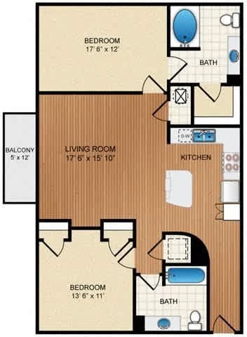 A floor plan of a home with a living room, kitchen, and two bedrooms.