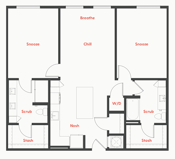 A floor plan of a house with labeled rooms such as "Breathe", "Chill", "Scrub", "Nosh", and "Stash".
