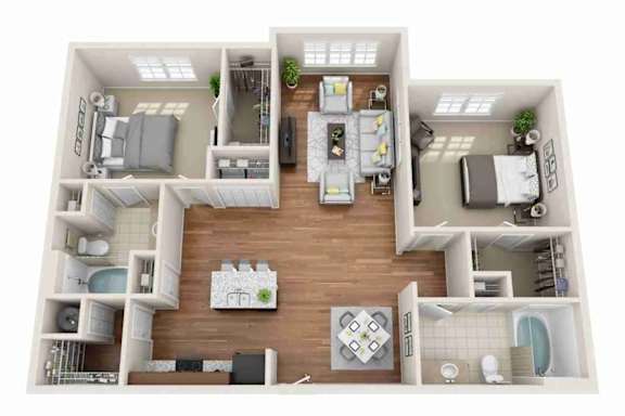 A 3D floor plan of a two-bedroom apartment with a living room, kitchen, and bathroom.