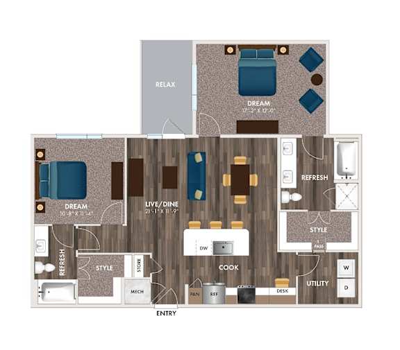 A floor plan of a house with labeled rooms such as "DREAM", "LIVE/DINE", and "STYLE".