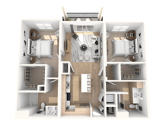 A 3D floor plan of a house showing all the rooms and their layouts.