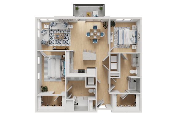A 3D floor plan of a small apartment with a kitchen, living room, and bedroom.