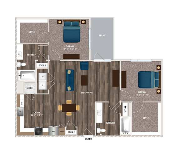 A floor plan of a house with labeled rooms such as "DREAM" and "REFRESH".