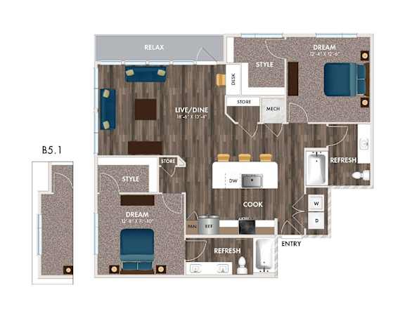 A floor plan of a house with labeled rooms such as RELAX, DREAM, STYLE, and COOK.