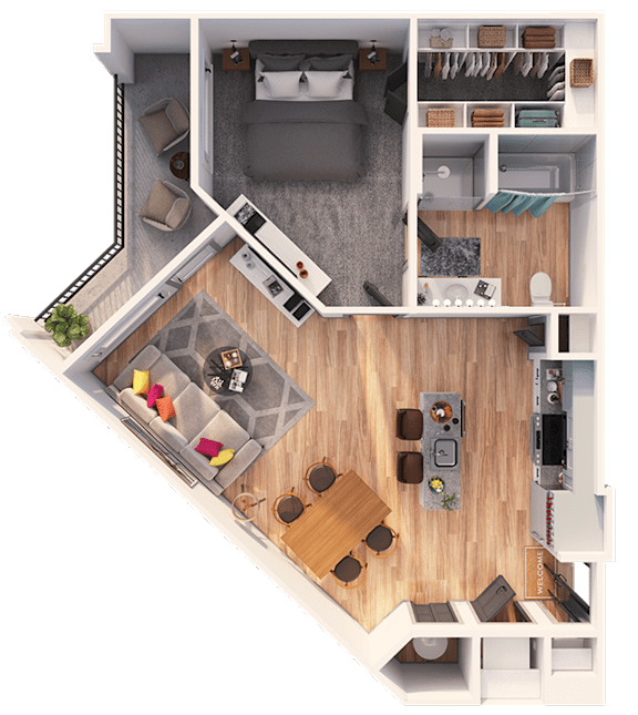 A top-down view of a small apartment with a kitchen, living room, and bedroom.
