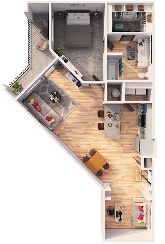 A top down view of a small apartment with a kitchen, living room, and bedroom.
