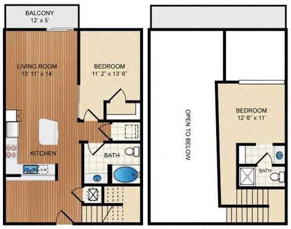 A floor plan of a two bedroom apartment with a balcony.