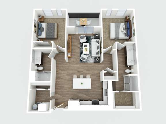 A top-down view of a small apartment with a kitchen, living room, and bathroom.