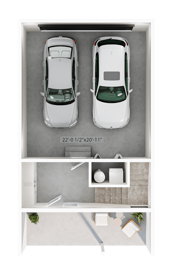Two cars are parked in a garage with a green background.