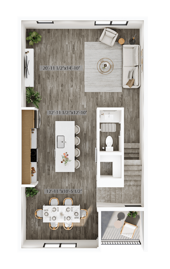 A top-down view of a small apartment layout with a kitchen, living room, and bathroom.