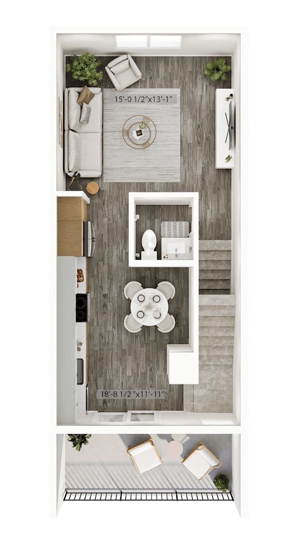A top-down view of a room layout with a dining table, chairs, and a kitchen area.
