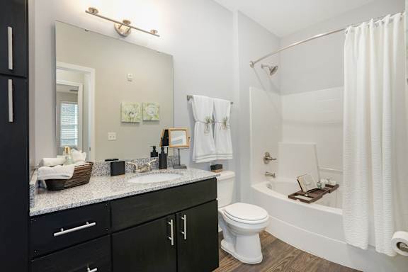 A bathroom with a black vanity and white fixtures.