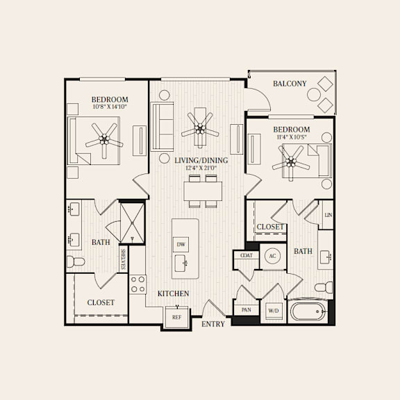 A black and white floor plan of a house with two bedrooms, a living and dining area, a kitchen, two bathrooms, and a closet.