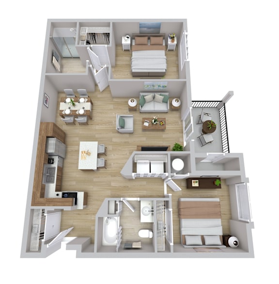 A 3D floor plan of a modern apartment with a kitchen, living room, bedrooms, and bathrooms.