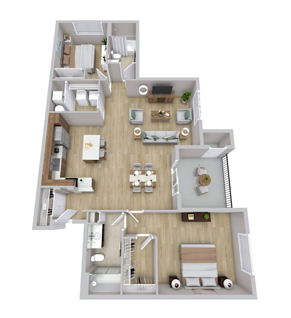 A top-down view of a modern apartment layout.