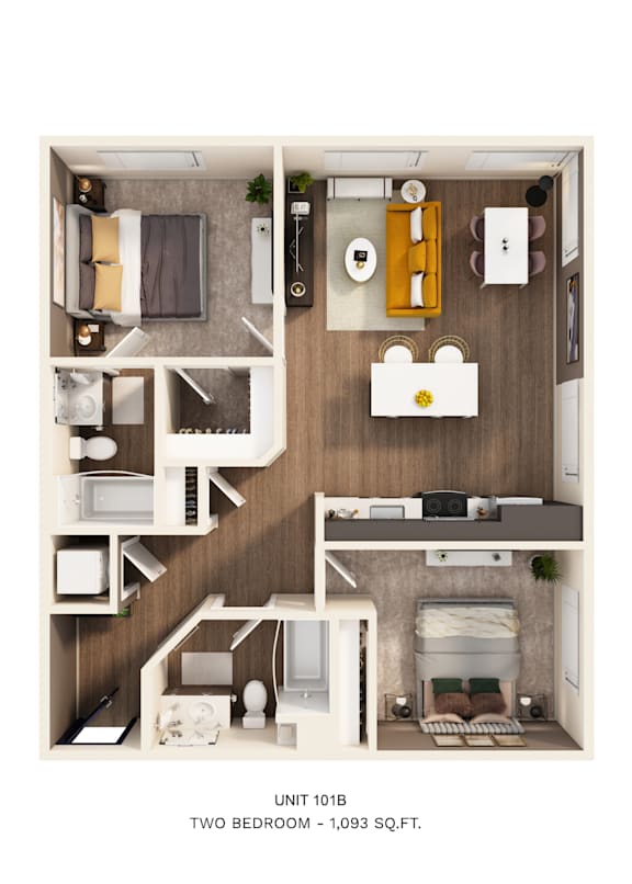 A two bedroom apartment is 1093 square feet.