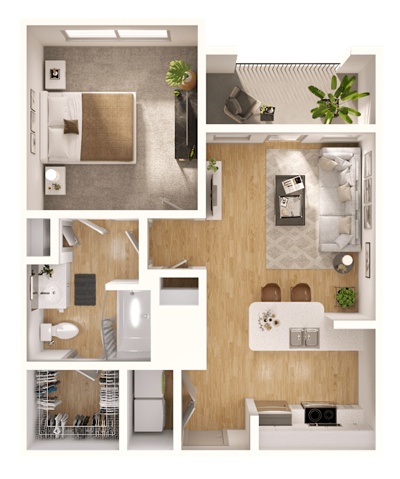 A series of images showing different views of a small apartment layout.