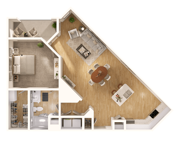 A top-down view of a house layout with a living room, kitchen, and dining area.