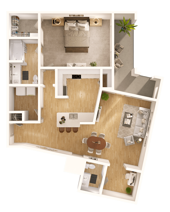A 3D floor plan of a house with a kitchen, living room, dining room, and bedrooms.