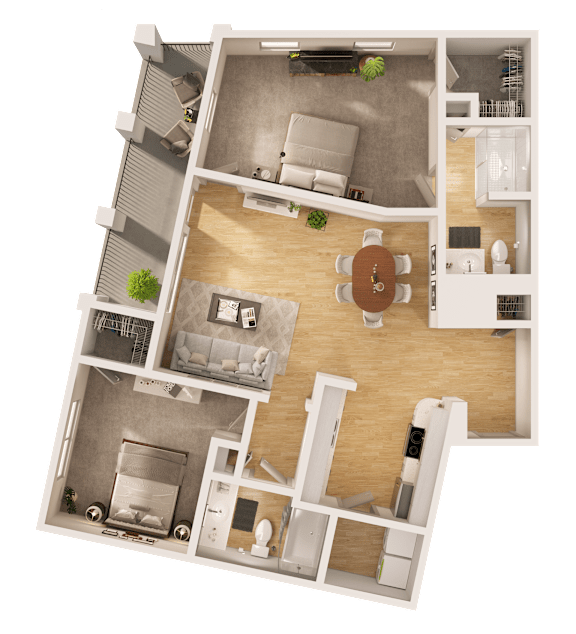 A 3D floor plan of a small apartment with a kitchen, living room, and bathroom.