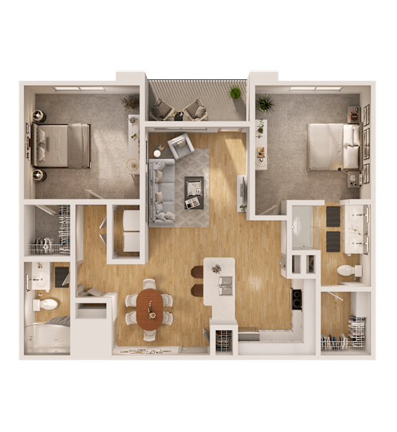A top-down view of a small apartment with a kitchen, living room, and bathroom.