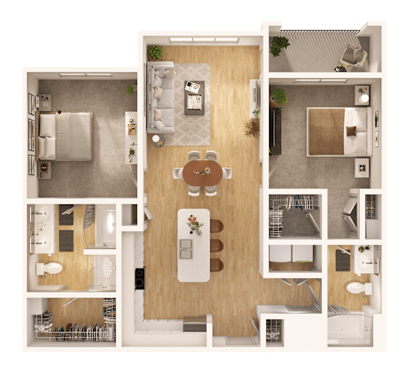 A top-down view of a small apartment layout with a kitchen, living room, and bathroom.